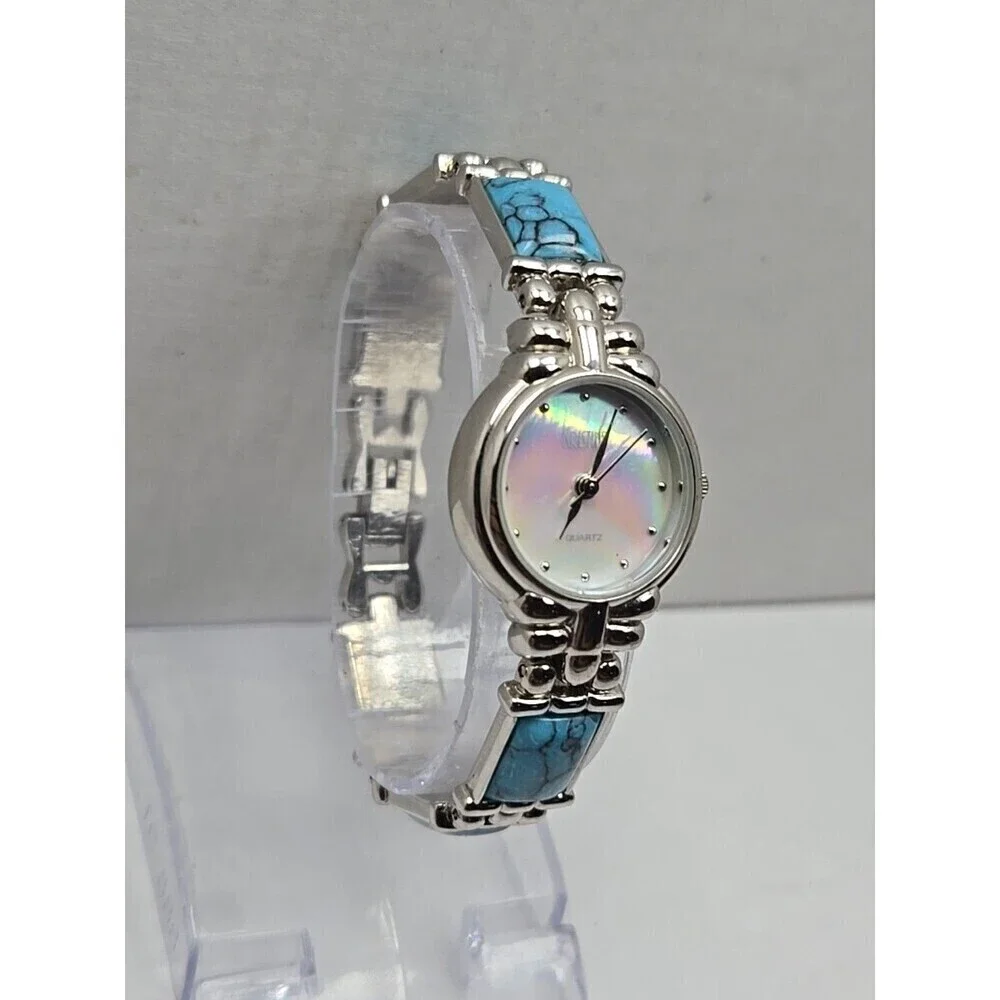 Womens Kristine Silver Tone Faux Turquoise Link Bracelet Watch New Battery Boho
